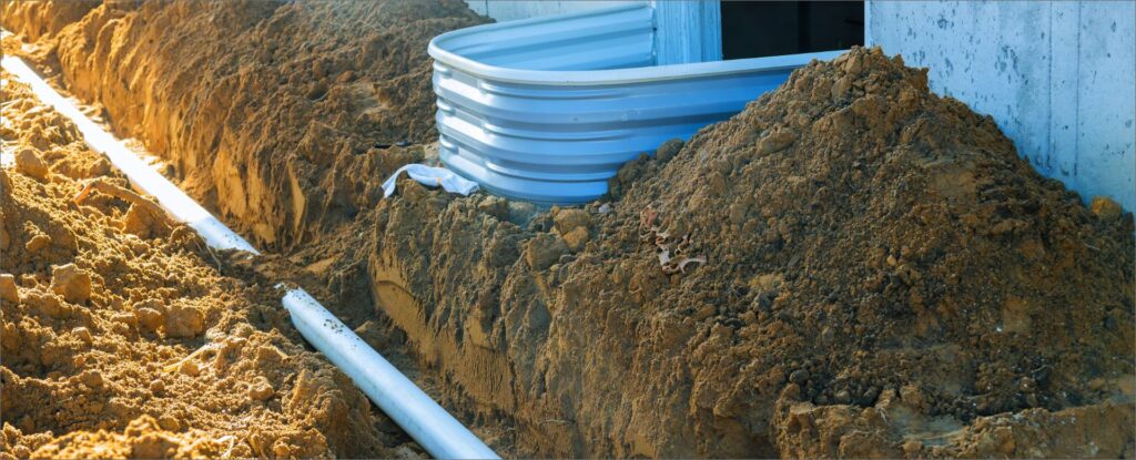 Installation d’un drain français le long d’une fondation avec une margelle de fenêtre.