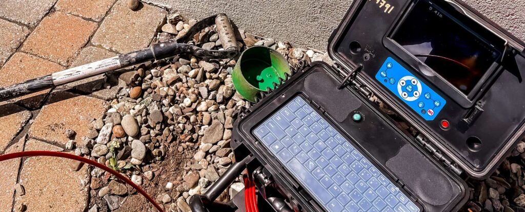 Équipement d’inspection par caméra installé près d’un accès de drain.