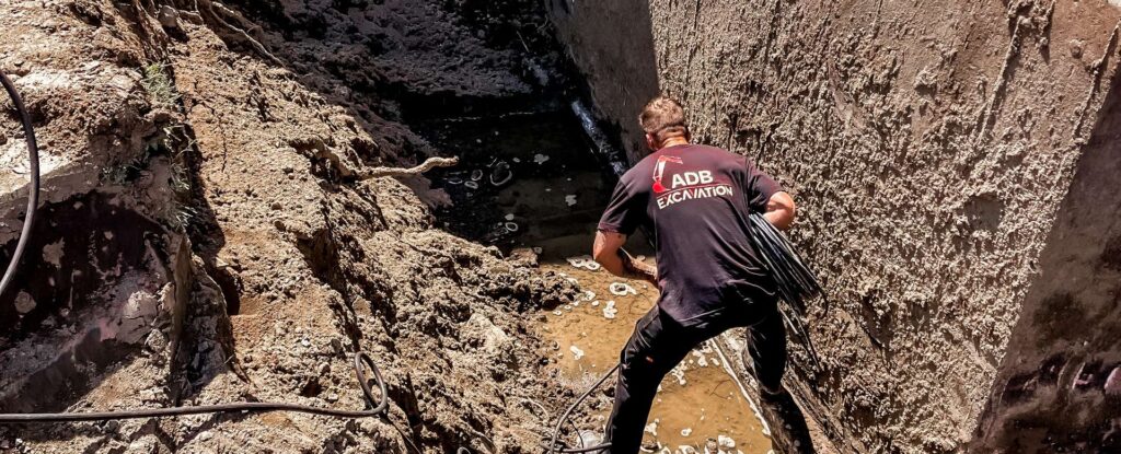 Travailleur installant une conduite de drainage dans une tranchée le long d’une fondation résidentielle.
