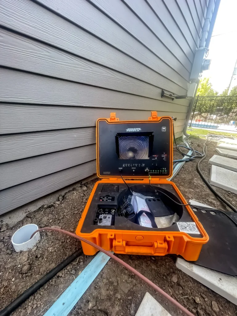 Caméra d'inspection de canalisation Forbest en fonctionnement lors d'un diagnostic de plomberie extérieur
